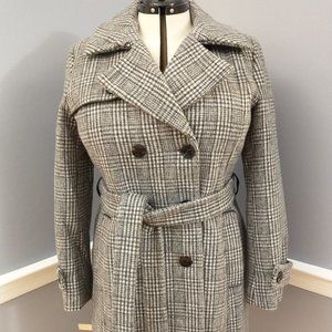Size 14 Anne Klein Double Breasted Gray & White Plaid Wool Blend Coat